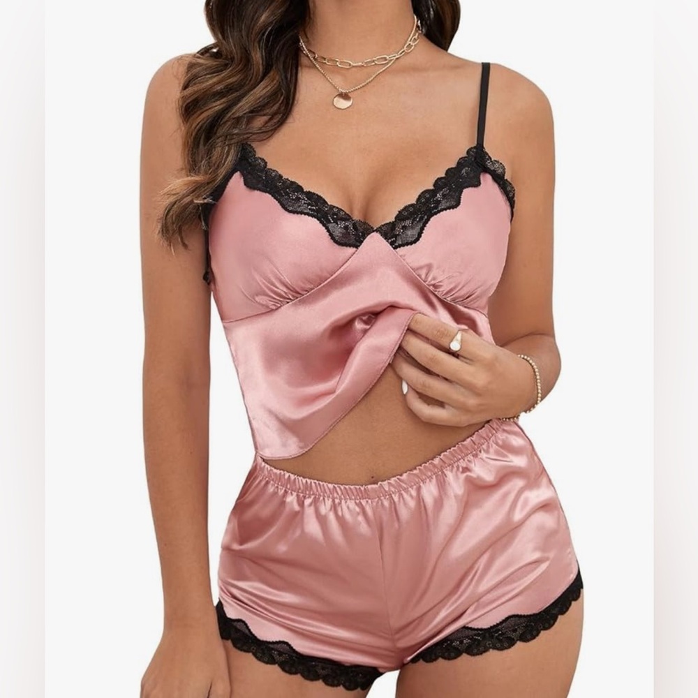 Pink‎ Silky Satin With Black Lace Trim Cami & Sleep Shorts Pajama’s Lounge Set